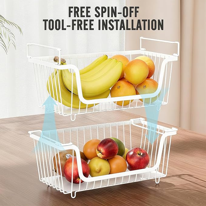 GAOKASE 4 Pcs Stackable Wire Baskets for Pantry Organizers and Storage,Vegetable Fruit Basket for Countertop,Kitchen Storage Metal Baskets,Produce Potato Onion Storage Bin,White