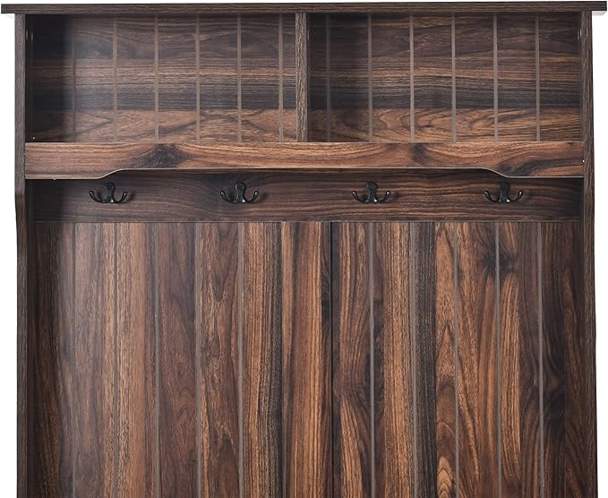 Hall Tree with Shoes Bench, Entryway Coat Rack with Storage Shelves and Drawers, 33.5''W Coat Hanger for Entrance, Hallway (Tiger)
