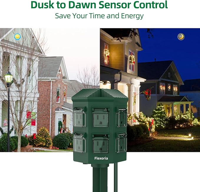 Outdoor Power Stake Timer, Remote Control Dusk to Dawn Light Timer, 30FT Extension Cord Waterproof, 6 Grounded Outlets for Graden and Yard Decorations, ETL Listed