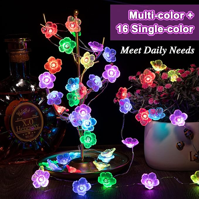 Mudder 16 Colors Cherry Blossom Decor Flower String Lights, Fairy Pink Light String with Timer 13 ft 40 LEDs USB Battery Operated Fairy Lights for Bedroom Indoor Outdoor Wedding Valentines Day(4 Pcs)