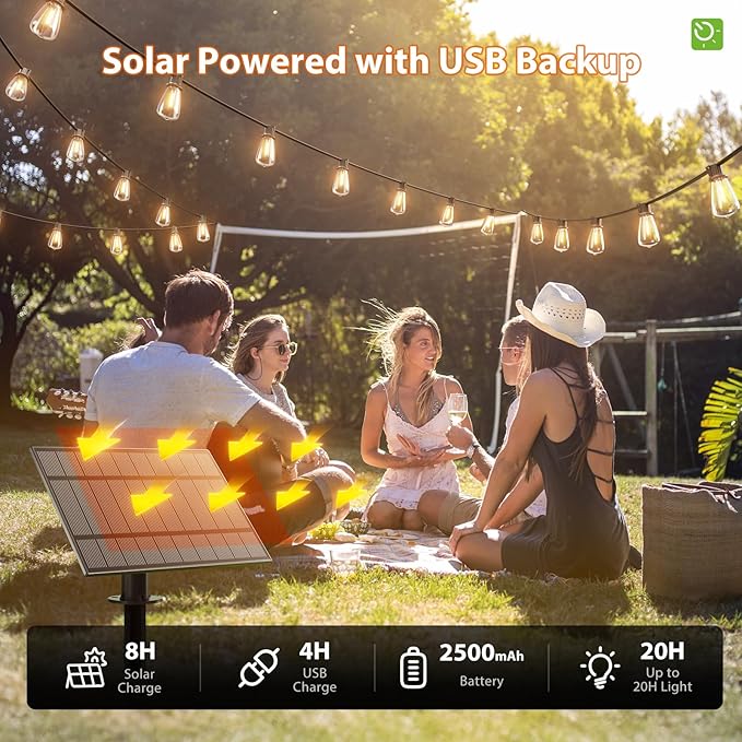 KYY 54(48+6) FT Solar String Lights Outdoor with USB Port Remote, Waterproof and Shatterproof Patio with Solar Powered Panel, LED Vintage Edison Bulbs, Heavy-Duty and UL Listed Market Lights