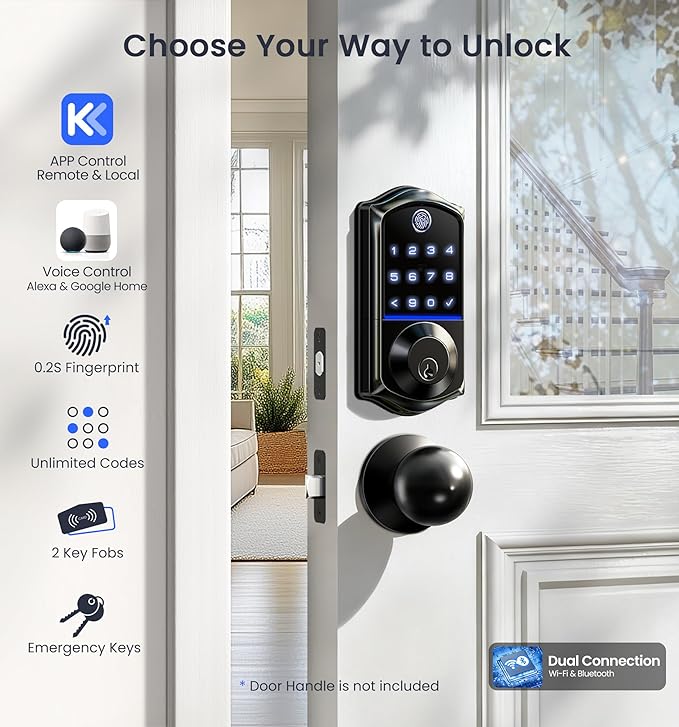 Veise VE017G Wi-Fi Keyless Entry Door Lock, App Remote & Voice Control, Fingerprint Smart Locks for Front Door, Touchscreen Electronic Keypad Deadbolt, Auto Lock, Emergency Power Port, Matte Black