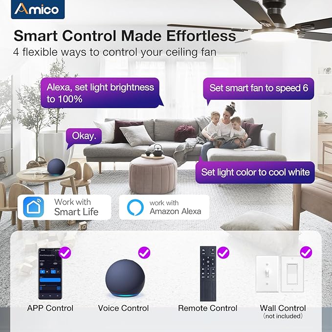 Amico Ceiling Fans with Lights, 52'' Smart RGB Ceiling Fan with Remote/APP/Alexa Control, Flush Mount, Reversible DC Motor, 5 Blades, 6 Speeds, 3CCT, Dimmable, Noiseless, Bedroom, Living Room, Black