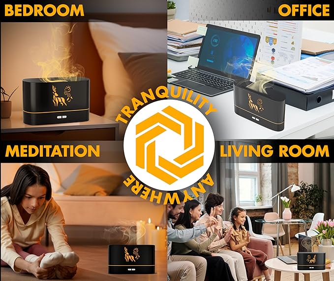 Colorful Aroma Essential Oil Diffuser for Home, Quiet Cool Mist Flame Humidifier for Bedroom with Remote, Fire Flame Diffuser Humidifier with Scent (Black)
