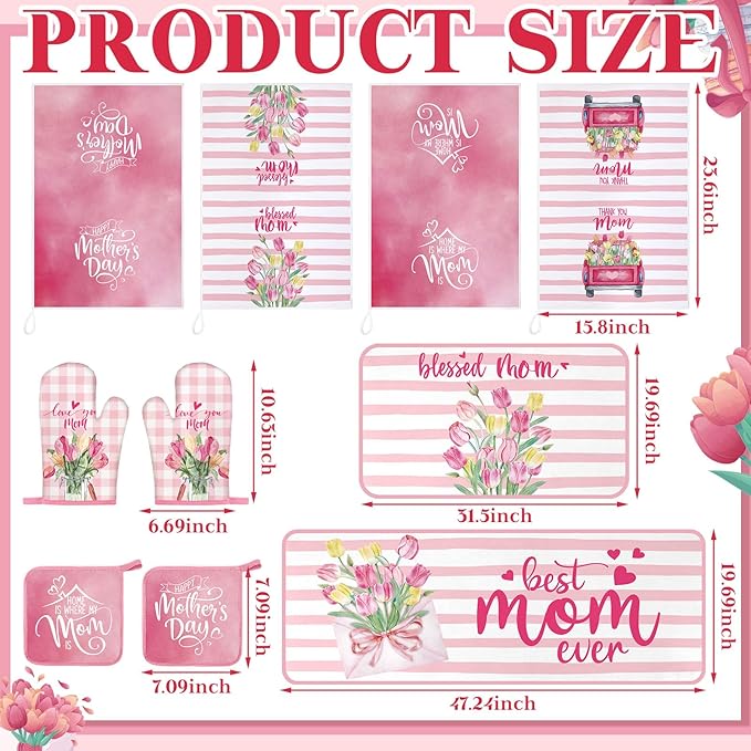 Fourluoo 10 Pcs Mothers Day Kitchen Decor Set Kitchen Towels and Rugs Oven Mitts and Pot Holders Farmhouse Decor for Mom Gift Cooking Baking Grilling