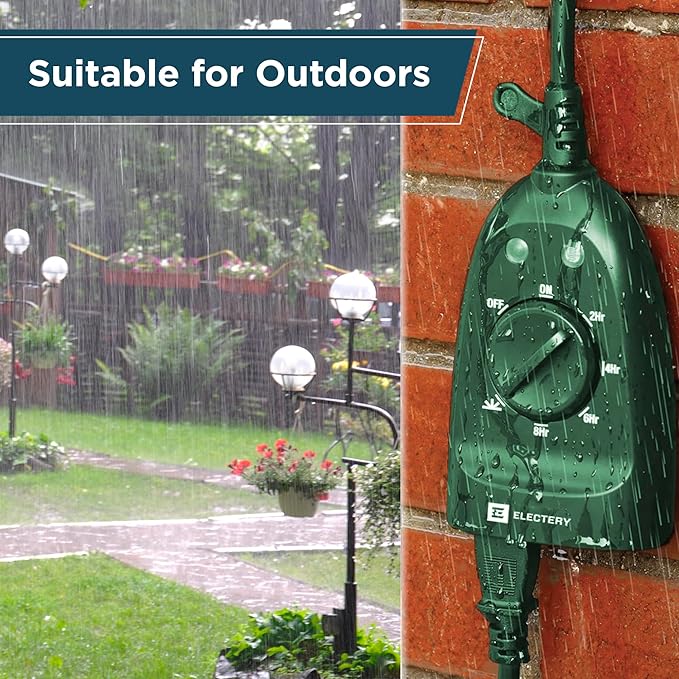 Outdoor Timer Outlet 2-Pack, Green Waterproof Dusk-to-Dawn Plug-in with Light Sensor, 24-Hour Mechanical Countdown, Heavy-Duty 15A UL Listed for Garden, Pool Pump, Holiday Lights