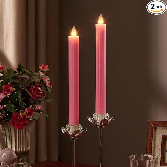 Flameless Taper Candles Flickering with Remote and Timer, 3D Moving Flame Taper Candle Battery Operated to 400 Hours, 9 Inch Window Candles, (Pink-Vertical Stripes)