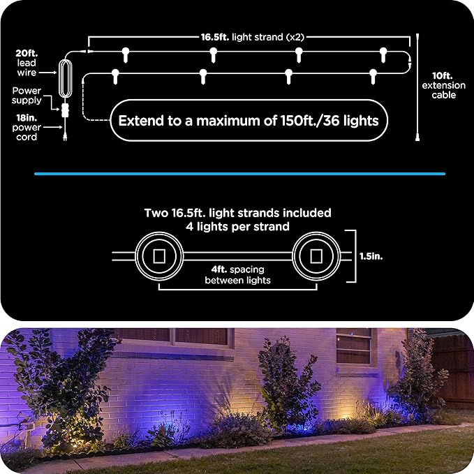 Enbrighten Vibe Eternity Garden Lights, 33ft, 8 RGBWIC LEDs, Waterproof, Uplights, Outdoor Landscape Lighting, Home Exterior Spotlight, Smart App, Compatible with Alexa, Google Home, 83789