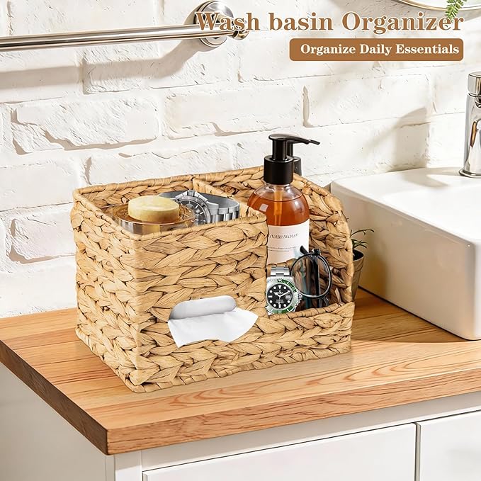 BIBELUN Tissue Box Cover Square with Storage Tray, Multifunction Water Hyacinth Tissue Cube Box Holder, Farmhouse Wicker Remote Control Nightstand Organizer Caddy for Bathroom, Home, Office Decor