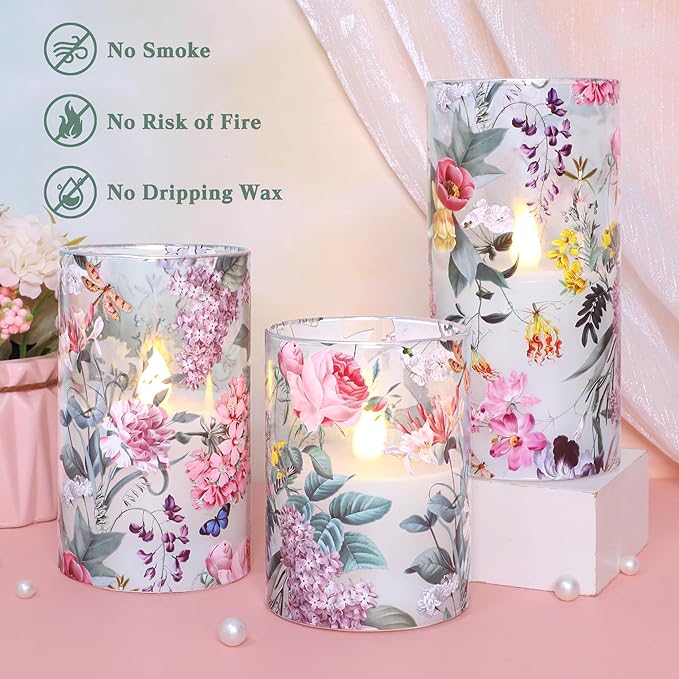 Crystal Club Floral Glass Flameless Candles Battery Operated with Remote, Realistic LED Flickering Pillar Candle for Wedding, Home Decor