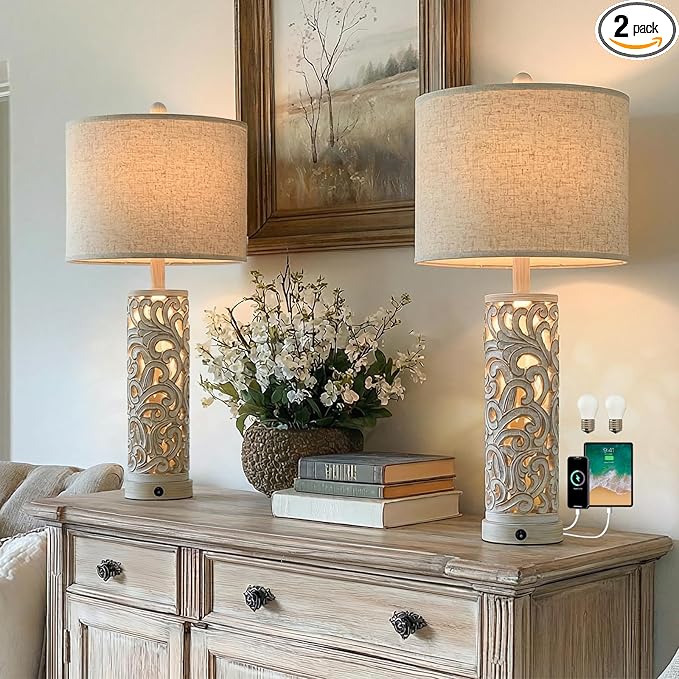 OYEARS 2-in-1 Light Table Lamp Set of 2 for Living Room, 28.5" Farmhouse Bedside Lamps with USB Charging Port, Main&Night Light & Dual Switches, Nightstand Lamp for Bedroom Home Office(Bulb Included)