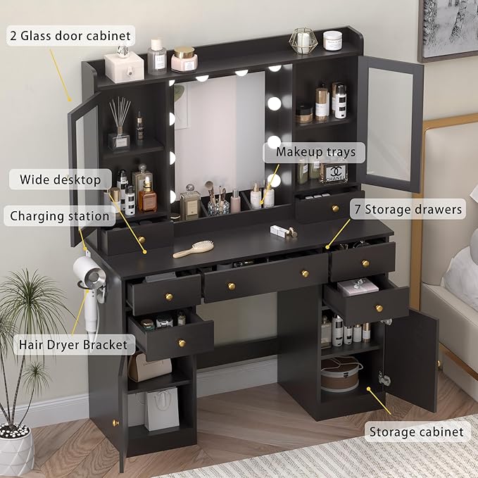 Vanity Desk with Mirror and Lights, 43" Black Makeup Vanity Set with 5 Drawers & Glass Cabinets, Power Outlet, Adjustable LED Lights & Makeup Tray, Dressing Table for Women & Girls Bedroom