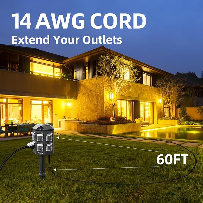 Outdoor Power Stake Timer, Remote Control Dusk to Dawn Light Timer, 60FT Extension Cord Waterproof, 6 Grounded Outlets for Graden and Yard Decorations, ETL Listed