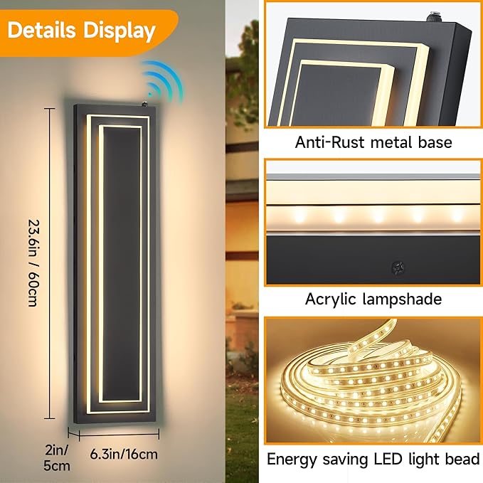 23.6 in Dusk to Dawn Exterior Lighting Fixtures,Black Modern Outdoor Wall Lights,3000K 36W Exterior Wall Sconce,Waterproof Outdoor Porch Lights Wall Mount,2-Tier Outside Garage Lights, 2 PCS