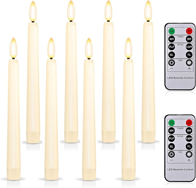 8PCS Flameless Flickering Taper Candles with 2 Remote Control and Timer, 8 Inch 3D Wick Floating Flickering Flame, Battery Operated LED Window Candle Lights, Christmas Home Wedding Decor (Ivory)
