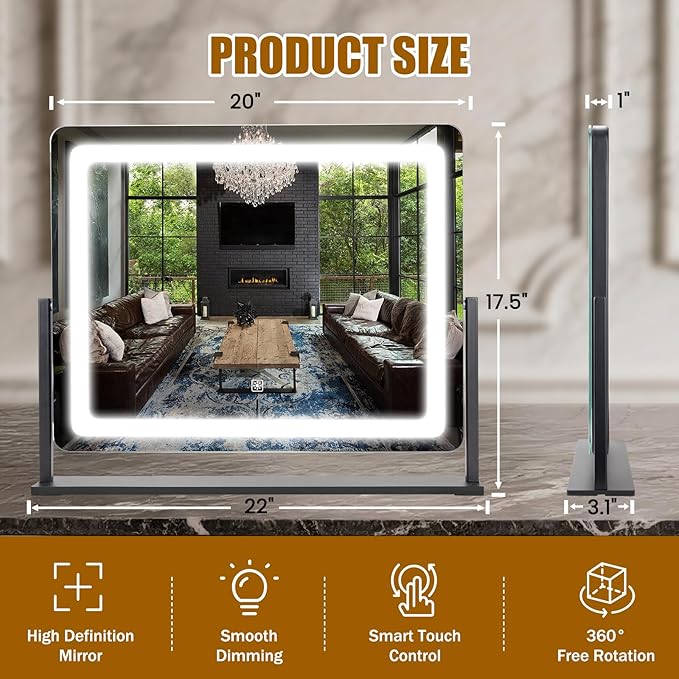 Vanity Mirror with Lights 22"×17", Large LED Makeup Mirror with Light, Smart Touch with 3-Color Lighting, Dimmable, 360° Rotation, HD Desk Mirror, Vanity Mirror Tabletop (Black)