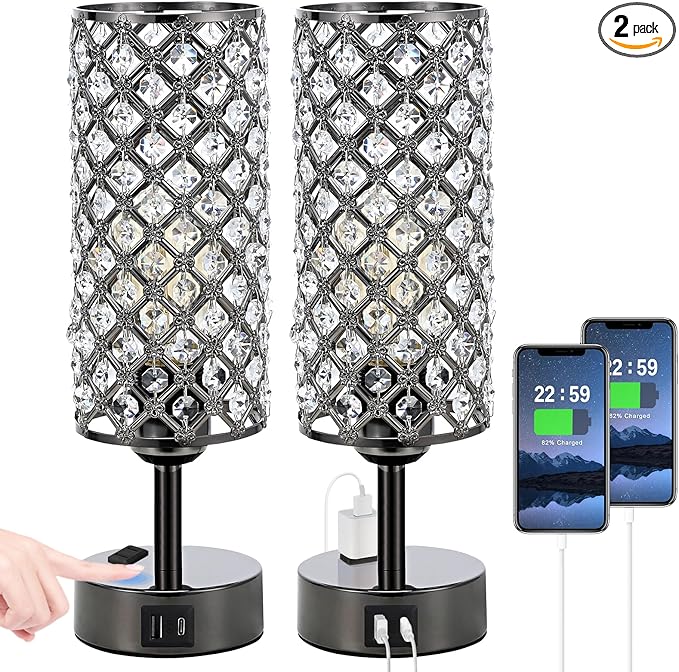 Hong-in Crystal Table Lamp Touch Control Set of 2, 3-Way Black Crystal Lamps with USB C+A Ports & AC Outlet, Dimmable Nightstand Desk Lamps,Modern Bedside Table Lamp for Bedroom(Bulbs Included)
