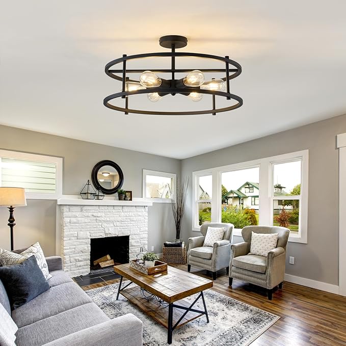 Large Semi Flush Mount Ceiling Light Fixture Black Cage Ceiling Light 6 Light Chandelier for Kitchen Dining Room Entryway Living Room Bedroom Foyer