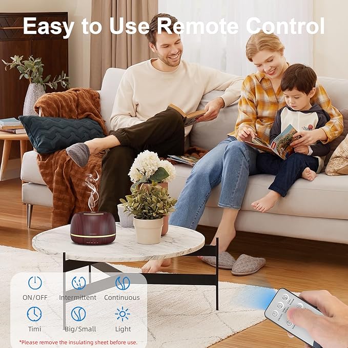 300ML Essential Oil Diffuser, Aromatherapy Diffuser with Remote Control, 4 Timers, 7-Color LED Light and Waterless Auto-Off for Room, Bedroom, Home