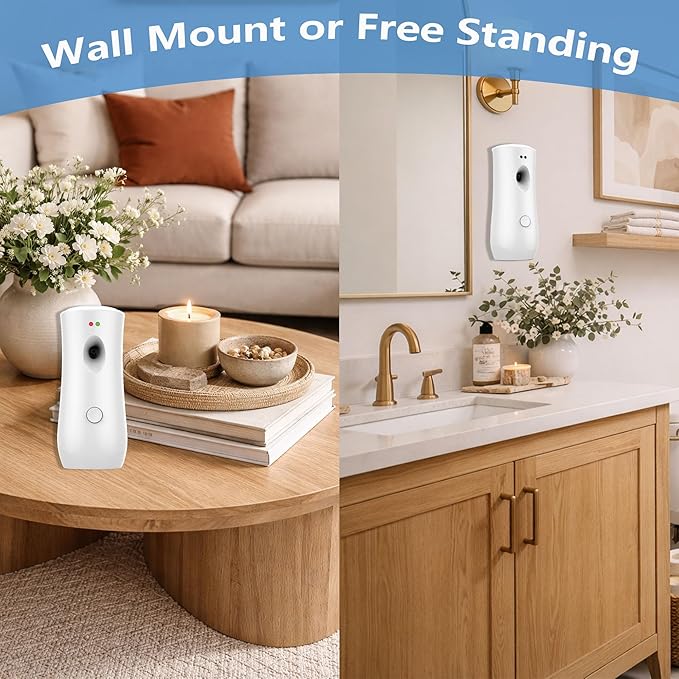 Automatic Air Freshener Spray Dispenser (2-Pack) Wall Mounted or Free Standing, Commercial and Home Use, Multiple Time Scent/Mist Release Settings for Room/Restroom Sprayer (White1101)