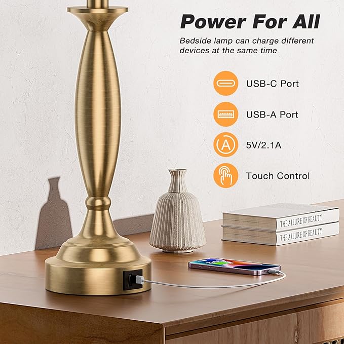 Seealle White Gold Lamps for Bedrooms Set of 2 - Touch Control Bedside Lamp with USB C+A, 3 Way Dimmable Nightstand Lamps with USB Port, Table Lamp for Living Room(White Shade and Gold Base)
