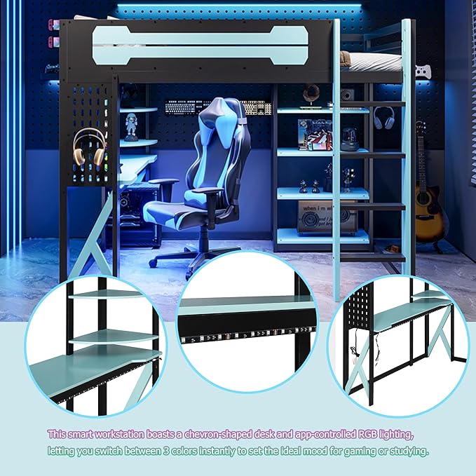 MERITLINE Ultimate Gaming & Study Loft Bed: Full Size Wood Frame with Integrated Desk, RGB Lights, Charging Station, Bookshelf & Pegboard (Black+Blue)