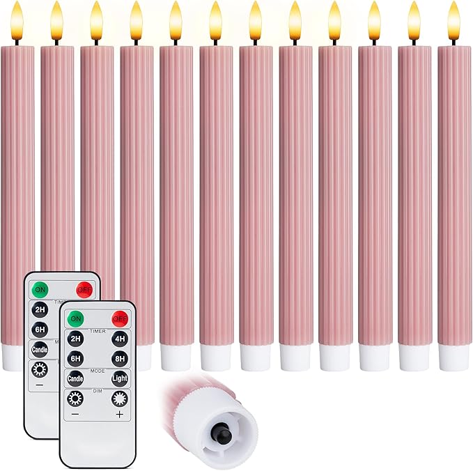 12 Pack, 10" LED Flameless Dusty Rose Fluted Ribbed Grooved Taper Candles, Remote & 24h Timer Memory, On/Off Button, Dimmable, Flicker Mode, Battery Operated, Christmas Menorah Wedding