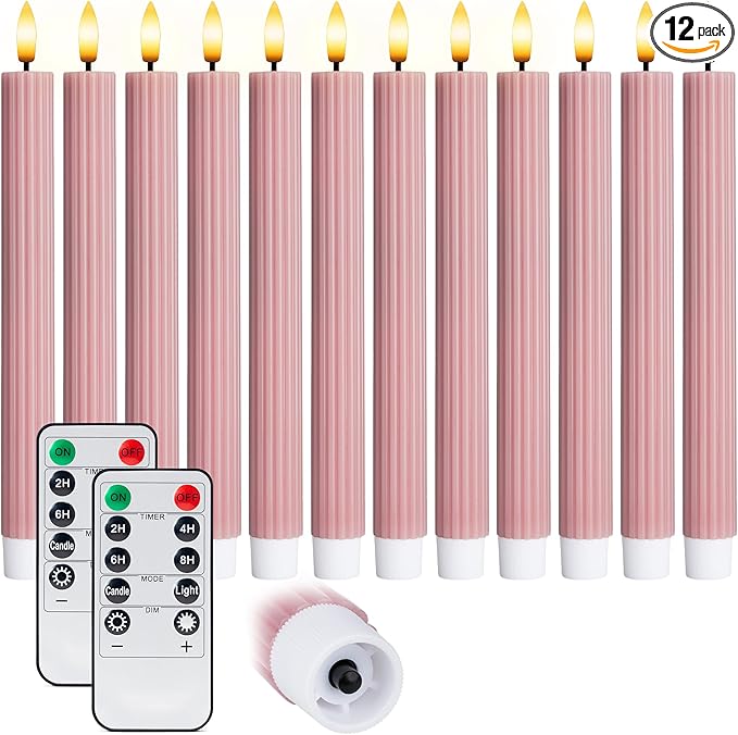 WYZworks 10" Fluted Ribbed LED Dusty Rose Grooved Pillar Candles, Remote & 24h Timer Memory, On/Off Switch - Flameless Dimmable Battery Operated w/Flicker Mode, Home Wedding Decor (12 Pack)