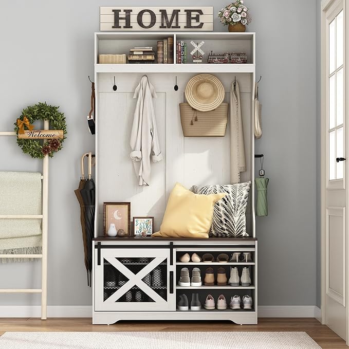 75''H LED Farmhouse Hall Tree with Bench and Shoe,Entryway Bench with Coat Rack,12 Shoe Cubbies & Umbrella Holder,Mudroom/Hallway Storages Cabinet(White)