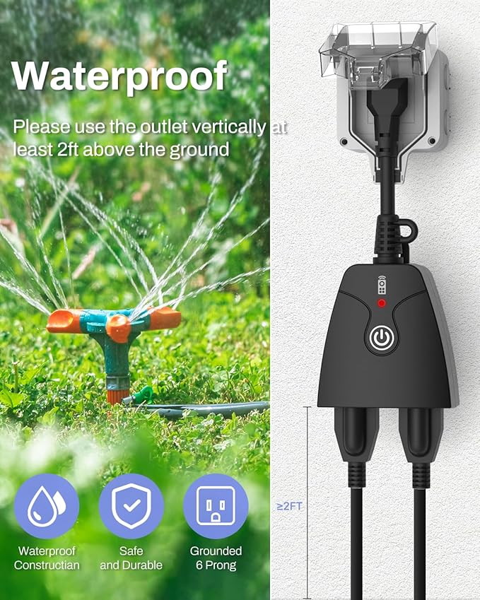 HBN Outdoor Wireless Remote Control Outlet Plug,Weatherproof Heavy Duty Power Strip,Indoor Electrical Plugs for Light Switch,6-inch Cord,100ft Range, ETL Listed(15A,Dual 3-Prong Outlets,3Packs)