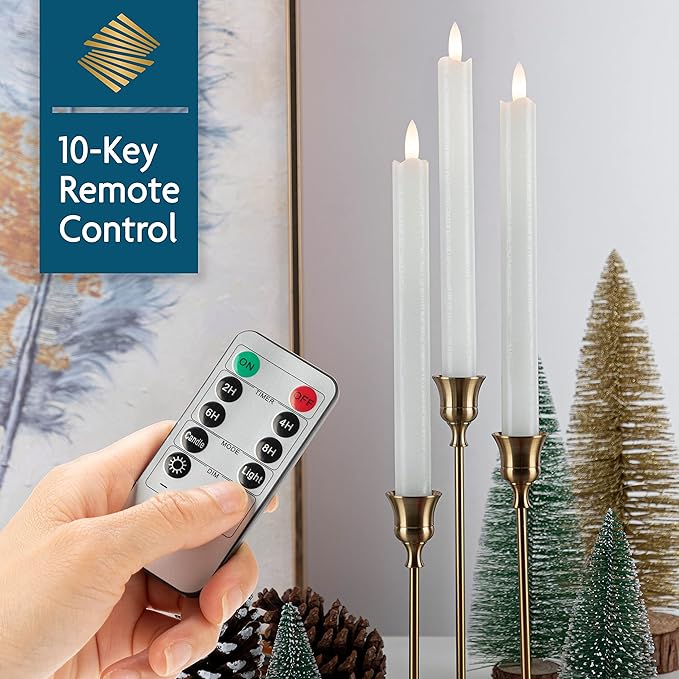 Real Wax Flameless Taper Candles with Remote Timer,Battery Operated LED Candles Set with 3D Flickering Flame,9.6" Realistic Dripless Candlesticks for Wedding Home Decor,6 Pack White