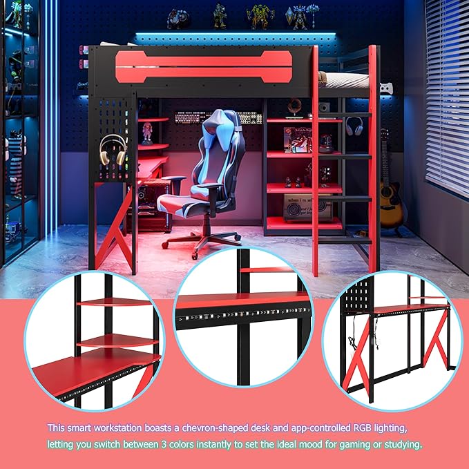 MERITLINE Ultimate Gaming & Study Loft Bed: Full Size Wood Frame with Integrated Desk, RGB Lights, Charging Station, Bookshelf & Pegboard (Black+Red)