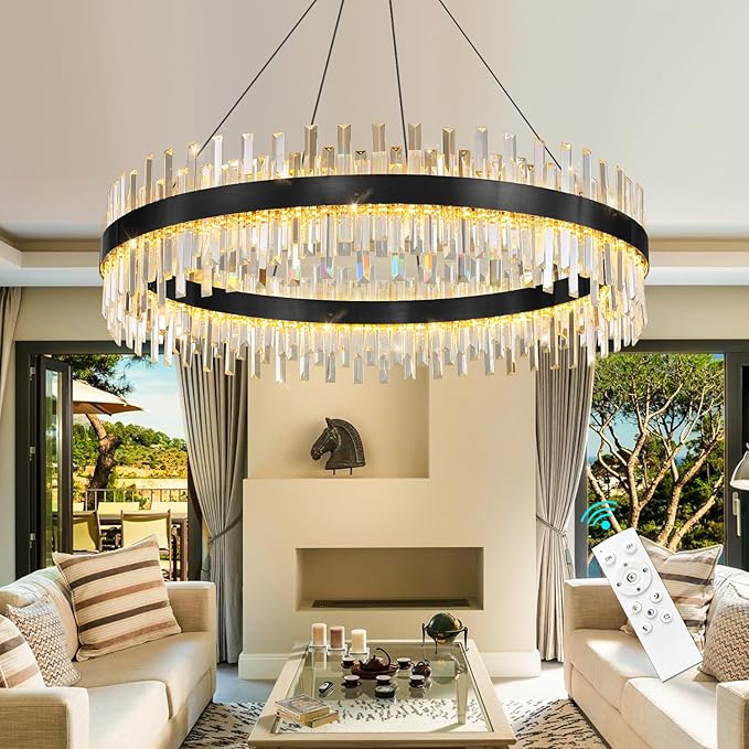 Glam Crystal Chandelier Interior Ring Chandeliers with Remote Dimmable LED Light Adjustable Hanging Lights Luxury Ceiling Pendant Lighting Fixtures for Living Dining Bedroom Foyer Black Light
