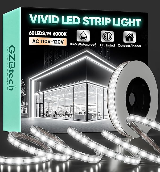 GZBtech AC 110-120V LED Strip Lighting 16.4FT/5M, 6000K Cool White IP65 Waterproof Outdoor Strip Lights, 60LEDs/M SMD2835 Cuttable & Connectable LED Rope Light for Indoor Outside Exterior, ETL Listed