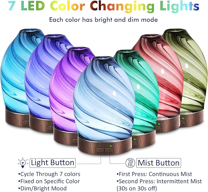 Essential Oil Diffuser Aromatherapy Diffuser -150ml Art Glass Aroma Diffuser for Home Ultrasonic Diffuser with Auto Shut-Off Protection,7 Colors Light for Home Office SPA Decor & Gift (Storm Cloud)