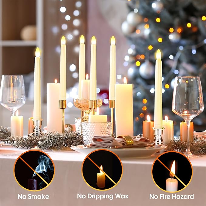 7.9 Inch Flameless Taper Candles Flickering with Timer Remote, Battery Operated LED Window Candles with Removable Base and Suction Cups for Home Christmas Decor, 4PCS Ivory