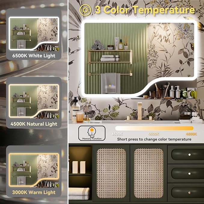32"x 48" LED Bathroom Mirror with Shelf, 3 Colors Backlit Vanity Mirror with Lights, Wall-Mounted Large Bathroom Mirror with Lights, Smart Mirror with Anti-Fog, Stepless Dimmable, Memory (ETL)
