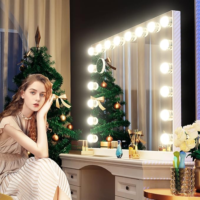 Vanity Mirror with Lights, 32 x 24 Tabletop Hollyhood Makeup Mirror, Hollywood Lighted Mirror with 18 Dimmable LED Bulbs,3 Colors Modes,Touch Control,Metal Frame,