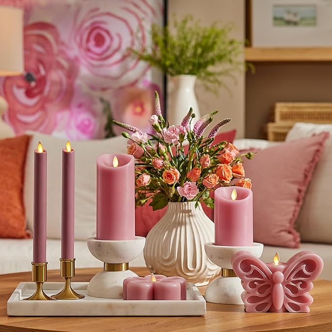 Luminara Blooming Mauve Garden Pillar Candles - Flameless Real-Flame Nature-Inspired Battery Operated LED Decor - Spring Summer Collection - 3" x 4.5"