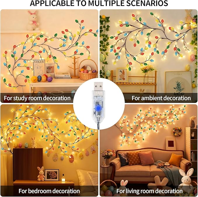 Easter Egg Enchanted Willow Vine Lights, 4FT 48LED 4 Color Easter Egg Tree Branch Lights for Wall, Remote Timer,8 Light Model,Bedroom Wall Doors Wedding, Christmas, USB Battery Box