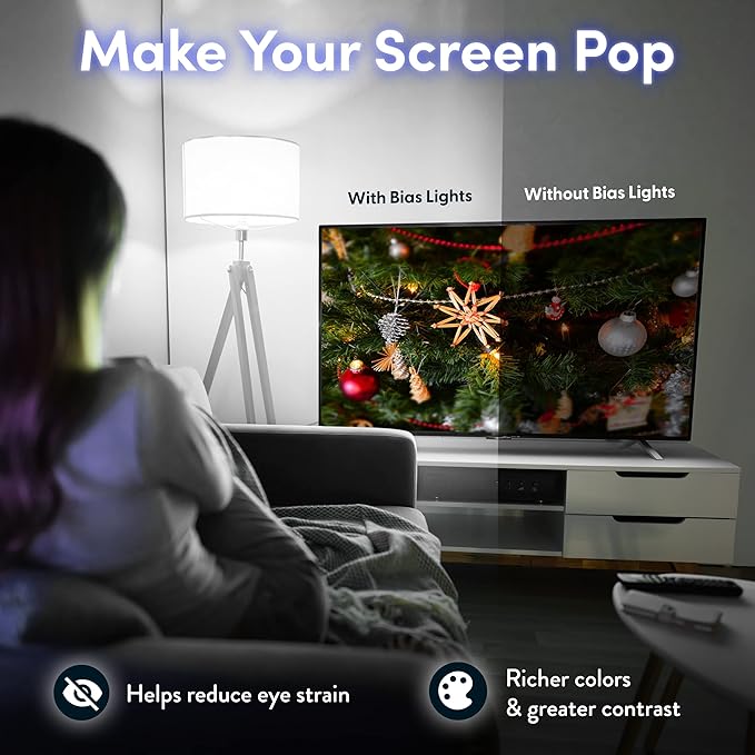 Power Practical USB Bias Lighting, LED TV Backlight Strip, Ambient Home Theater Light, TV Accent Lighting to Reduce Eye Strain, Improve Contrast, White, X-Large (41"-59" TV)