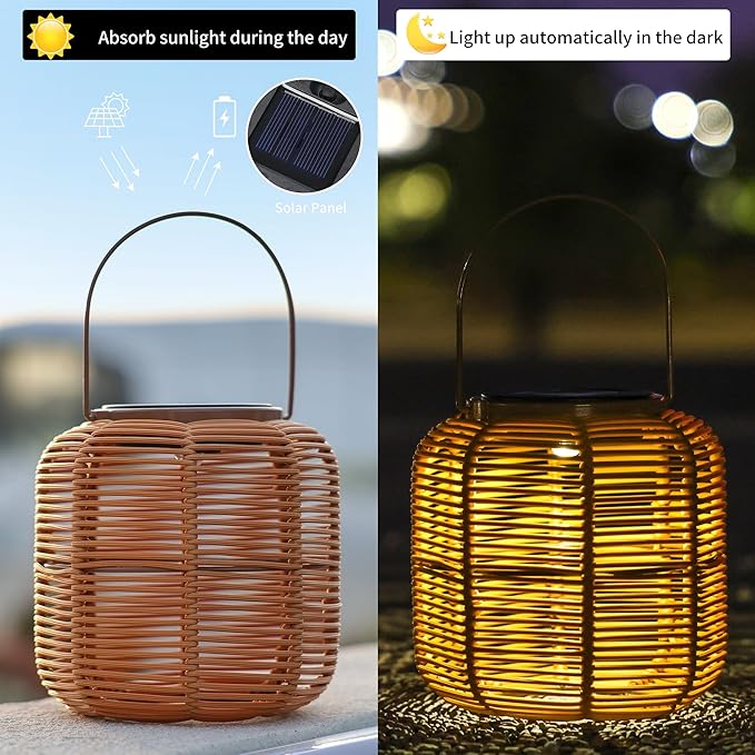 Solar Outdoor Rattan Lanterns, Decorative Hanging Lights for Patio Garden Backyard （Two Pack）(Style 2)