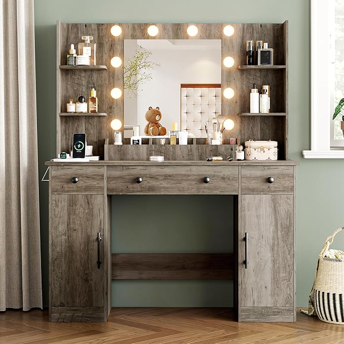 Vanity Desk with Mirror and Lights, 43'' Makeup Dressing Table Set with 5 Drawers & Power Outlet, 3 Lighting Modes Brightness Adjustable, Vanity with RGB Ambient Light for Women Girls Bedroom, Grey