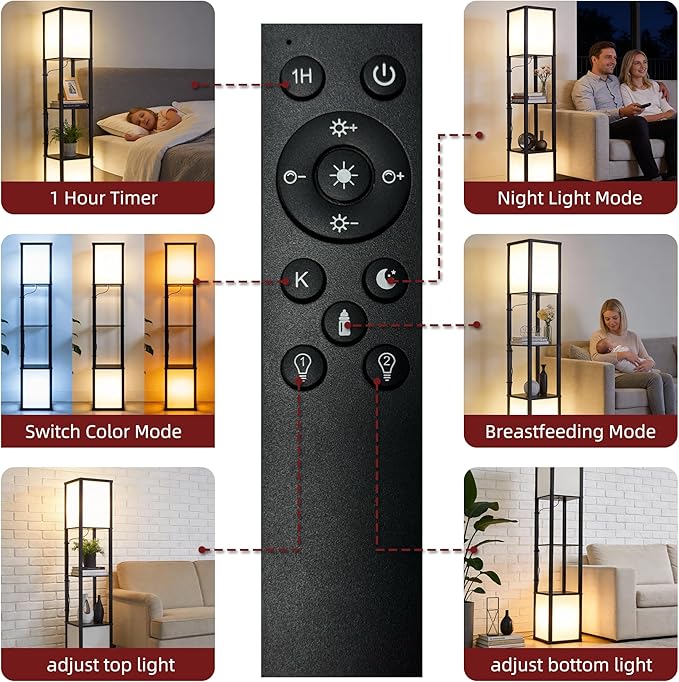 Black Floor Lamp with Shelves/Remote/App Control, Dimmable Led Standing Corner Display Bookshelf Lamp,Color Changing Temps,Floor Lamps for Living Room,Bedroom,Office (FL2L)
