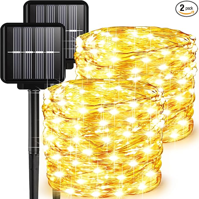 2 Pack Solar Fairy Lights Outdoor, 33 Feet 100 LEDs 8 Modes String Lights for Outside, Waterproof Solar Outdoor Light for Patio Yard Christmas Tree Halloween Wedding Party Decorations, Warm White