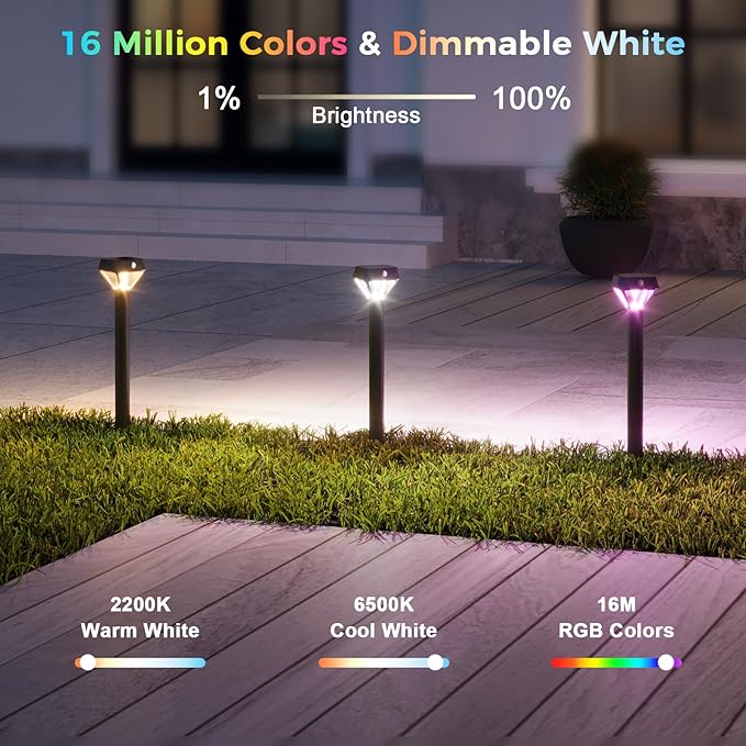 XMCOSY+ Smart Solar Pathway Lights, Bluetooth APP Control with Motion Sensor, 150LM RGBCW Color Changing Landscape Lighting for Yard, Garage, Garden, Lawn, IP65 Waterproof, 4 Pack