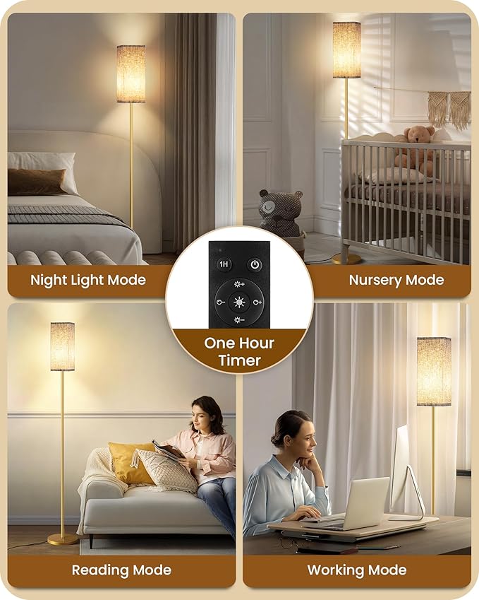 64.2” Dimmable Floor Lamp for Living Room with Remote and Foot Switch, Corner Floor Lamp for Bedroom, Includes 10W A19 Bulb, Modern Standing Tall Lamp, ETL Listed, Beige and Gold DE17LD05