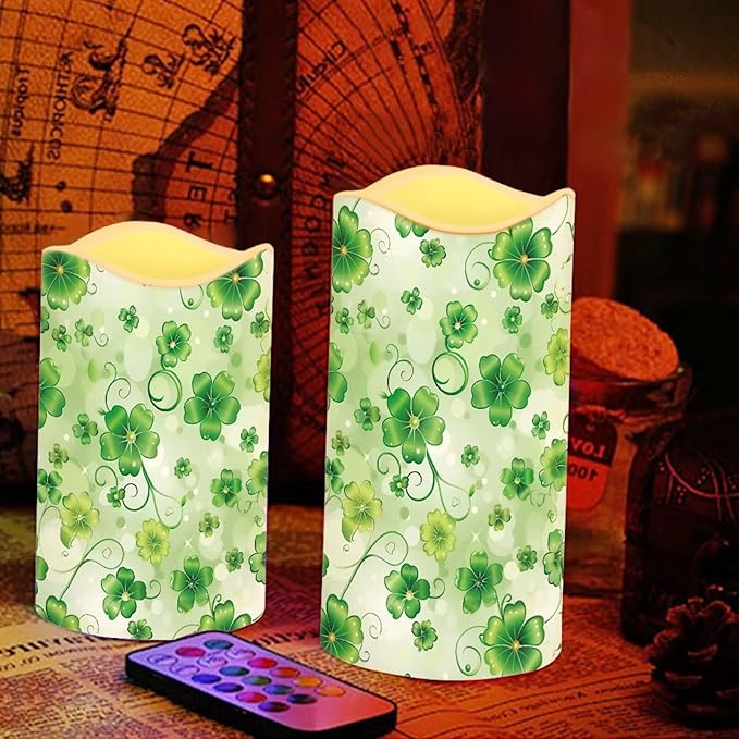 Saint Patrick's Day Green Leaf Plastic Flameless Candles with Remote Control and Timer LED Flickering Battery Electric Pillar Candles for Table St. Patrick's Day Decoration