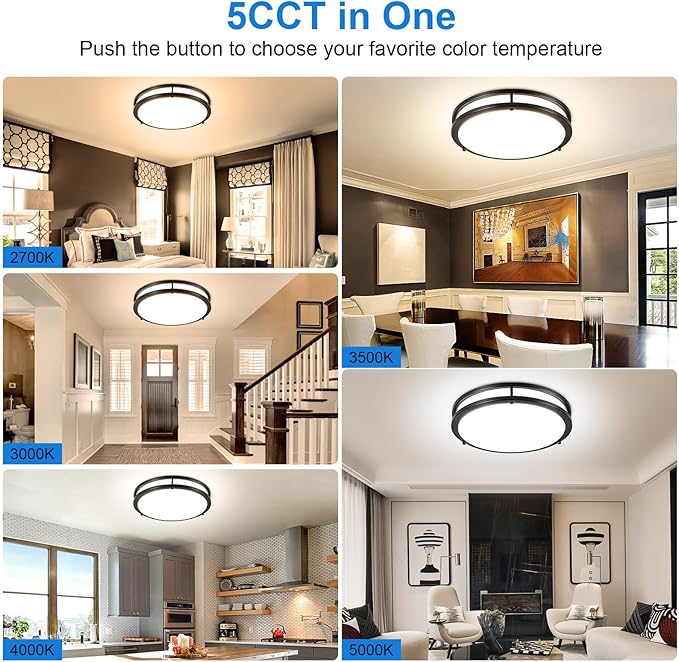 DLLT 2Pack Flush Mount LED Ceiling Light: 13 Inch 5CCT (3000K-6000K) & Dimmable Ceiling Light Fixtures for Bedroom Hallway - 24W Modern Black Super Bright Kitchen Lighting Fixtures Ceiling