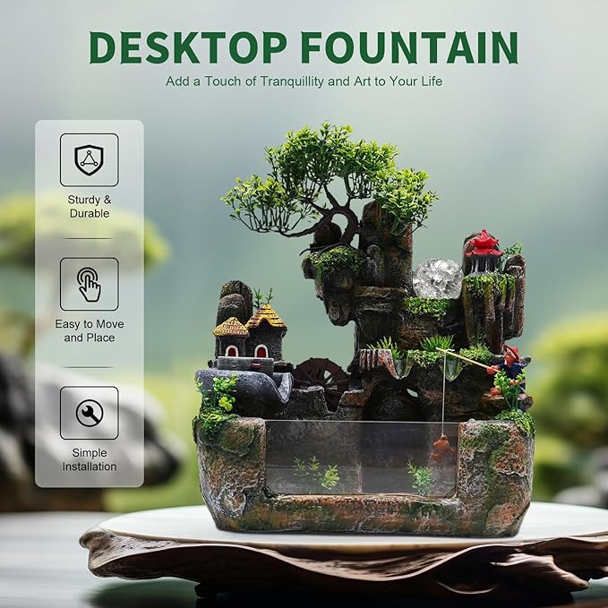 Indoor Water Fountains, Relaxation Desktop Water Fountain Ornament with LED Light, Zen Meditation Atomizing Humidifier Desk Decoration for Home Office Bedroom